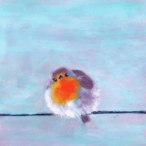 Whimsical Bird on a Wire is an acrylic painting in modern square format painted by artist Karen Kaspar. A cute little robin sits fluffed up like a ball of feathers on a wire. The background is abstracted in light blue tones.