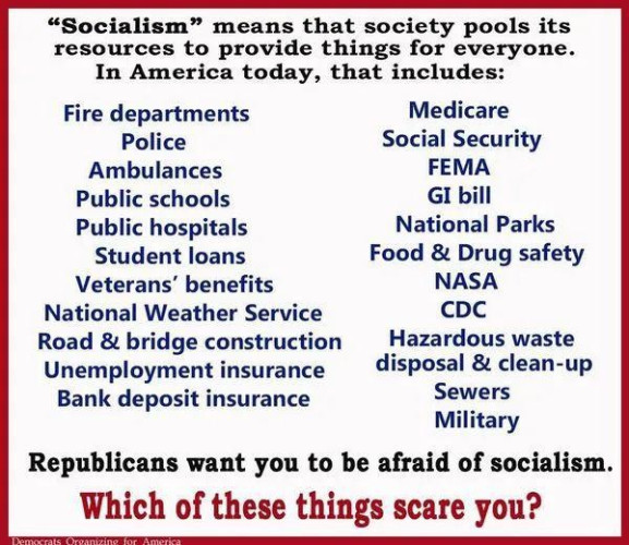 "Socialism" means that society pools its resources to provide things for everyone. In America today, that includes:
Fire departments
Police
Ambulance
Public schools
Public hospitals
Student loans
Veteran's benefits
National weather service
Road & bridge construction
Unemployment insurance
Bank deposit insurance
Medicare
Social security
FEMA
GI bill 
National parks
Food & drug safety
NASA
CDC
Hazardous waste disposal and cleanup
Sewers
Military

Republicans want you to be afraid of socialism. 
Which of these things scare you?