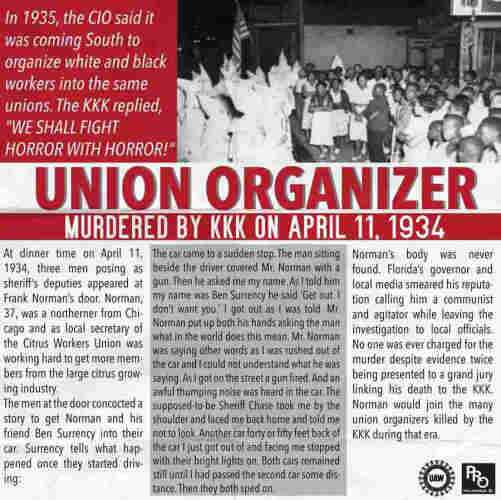Magazine article, with picture of klansmen, dressed in hoods and robes, facing off against a room full of African American people, and the headline: Union Organizer murdered by kkk on April 11, 1934. 