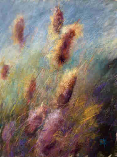 A vertical pastel painting of cattails in dusk. 