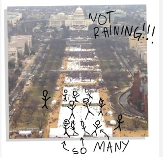Picture of Trump's inauguration crowd showing the National Mall with huge open spaces that weren't there when Obama was sworn in. In sharpie, it says "NOT RAINING!!!" and there are stick figures drawn into the empty spaces. The text "so many" is written with an arrow to them.