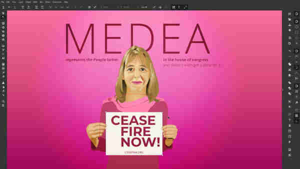 Portrait of Code Pink co-founder and Peace activist Medea Benjamin with a sign that says: ceasefire now!