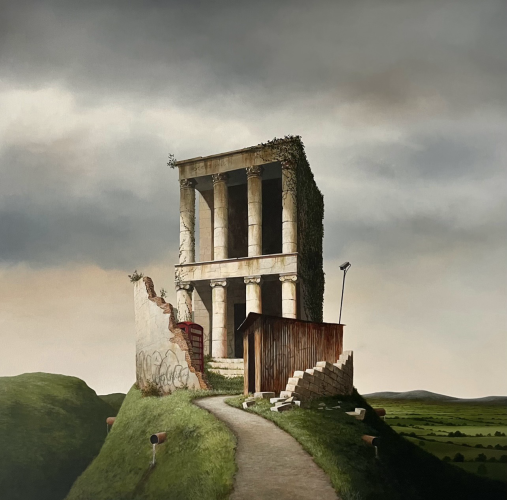 A path leading to a large ruinous building with columns, security camera and a defunct red telephone box surrounded by a tall crumbling wall on top of a hill with commanding views. Sewage spills from various pipes. 