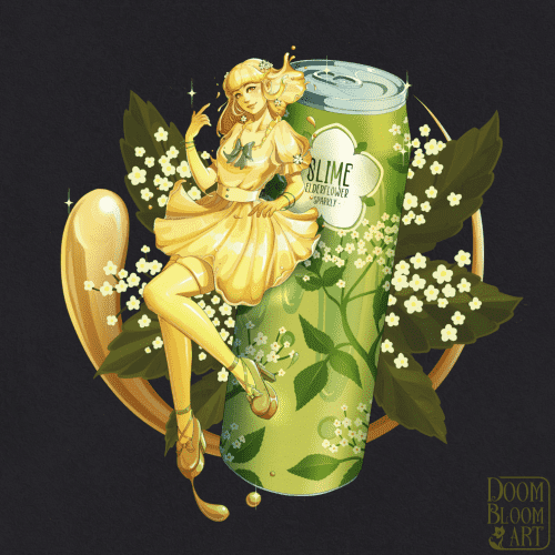 Left: Girl made from yellow liquid, wearing a cute girly outfit with ribbons, flared skirt and frills. Clothes are made from liquid as well. Some details are green and some parts are shimmering in orange or pink. Behind her is a can of Elderflower soda (can is labeled SLIME; Elderflower - sparkly -). The can is green and decorated with dripping slime as well as elderflowers, and behind both of them is another big circular drop of yellow liquid as well as oversized elderflowers and leaves. 