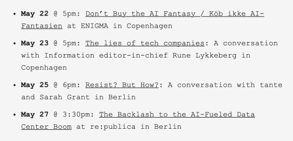 Events on May 22 and 23 in Copenhagen, and May 25 and 27 in Berlin.