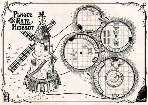 isometric map of an abandoned mill taken by a gang of rats. the map is titled "plague ratz hideout".