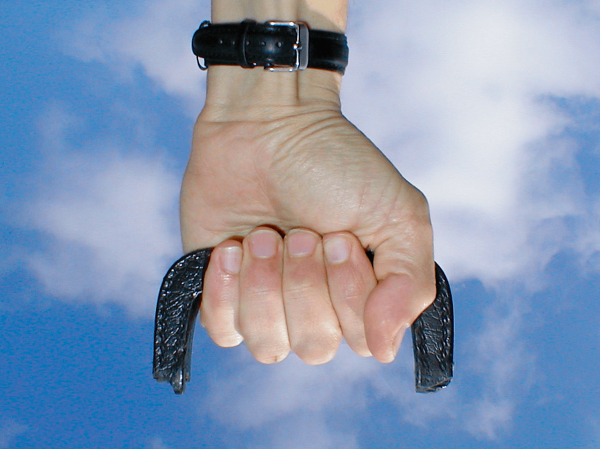 Bare hand clutching a broken black handle of a guitar case. The background is a blue sky with some white clouds.