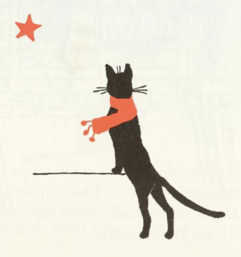 Very simple drawing in black and red. A shorthaired black cat has its forepaws up on a low wall so that it is standing tall on its hind legs, looking up at a big star. The star is red and the cat is wearing a red scarf, and the background is white.