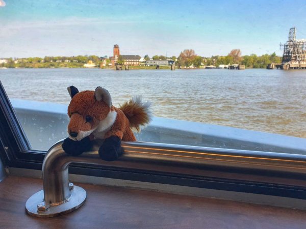 A small red fox plushy sitting on a railing on a boat on the Elbe river in Hamburg.