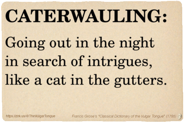 Image imitating a page from an old document, text (as in main toot):

CATERWAULING. Going out in the night in search of intrigues, like a cat in the gutters.

A selection from Francis Grose’s “Dictionary Of The Vulgar Tongue” (1785)