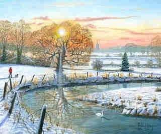 Painting of a snowy winter landscape with a bendy turquoise river with a white swan in it. Left of the river is a large tree with the bright white sun shining through it's branches, giving it a yellow glow. In the background are snowy fields with some more trees. There is a person walking his dog. The sky is coloured in soft shades of pink and yellow above the horizon, and light blue above, with some small pink clouds. 