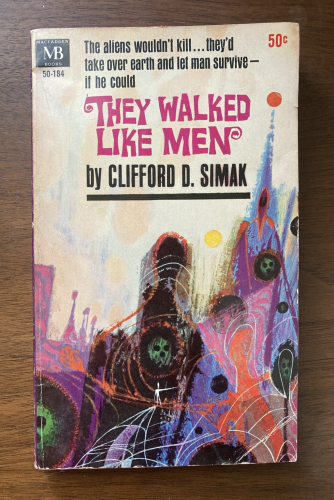 Simak’s They Walked Like Men with surreal Powers art that shows human forms. 