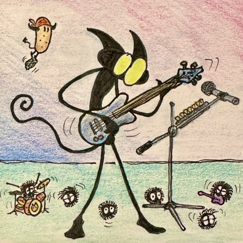 Drawing of a little gremlin and a bunch of dust bunnies playing in a rock band.

Zeichnung eines kleinen Gremlins und eines Haufens von Staubhasen, die in einer Rockband spielen.