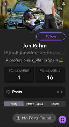 Photo of the account in question, boasting 1 follower and following 16 accounts. No original posts found, 6 post replies. Banner photo is of a man in golf clothes leaning against a car, profile pic is the same man sitting in the driver’s seat of what is presumably the same car, turned toward the camera and smiling a vacant smile. 