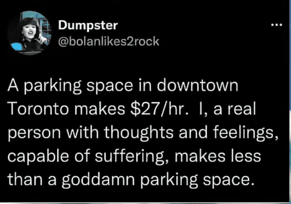 Dumpster 
@bolanlikes2rock

A parking space in downtown Toronto makes $27/hr.  I, a real person with thoughts and feelings, capable of suffering, makes less than a goddamn parking space.