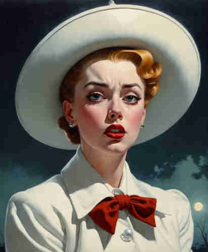 An AI-generated image features a woman exuding vintage elegance, her expression tinged with concern. She wears a wide-brimmed white hat and a white coat with a striking red bow at the collar, her red lips mirroring its color. The night sky behind her, scattered with clouds and a distant, subtle moon, adds a dramatic, almost foreboding atmosphere to the portrait. Her look is classic, yet her gaze suggests a narrative beyond the canvas, as if caught in a moment of suspense or deep contemplation.