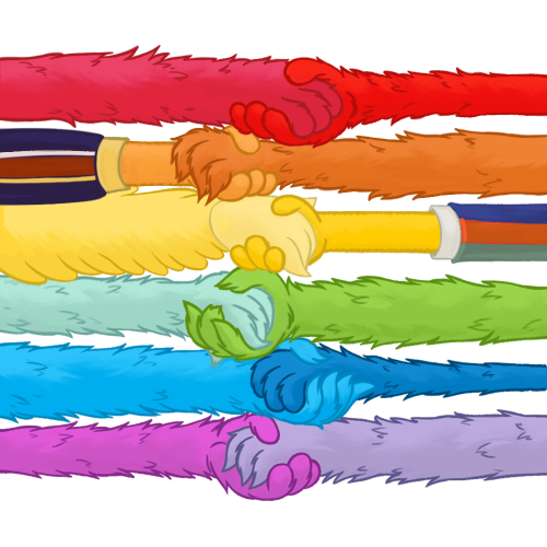 Rainbow lines, but each line is a pair of muppety arms coming from off-screen and linking in the middle to hold hands.

One of the green arms is possibly that of Oscar The Grouch.