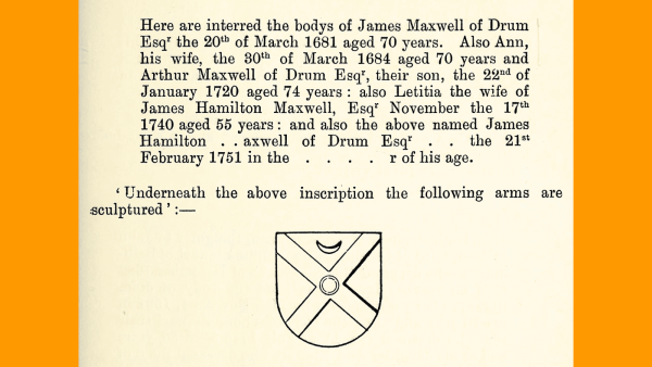 Transcript of a gravestone inscription and a drawing of a coat of arms that was carved on the gravestone.