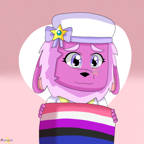 A drawing of a pink hybrid bunny/alpaca, wearing a white beret with a lilac bow with golden star compact, holding a genderfluid (pink, white, purple, black and dark blue stripes) flag.

Pink background with white heart.