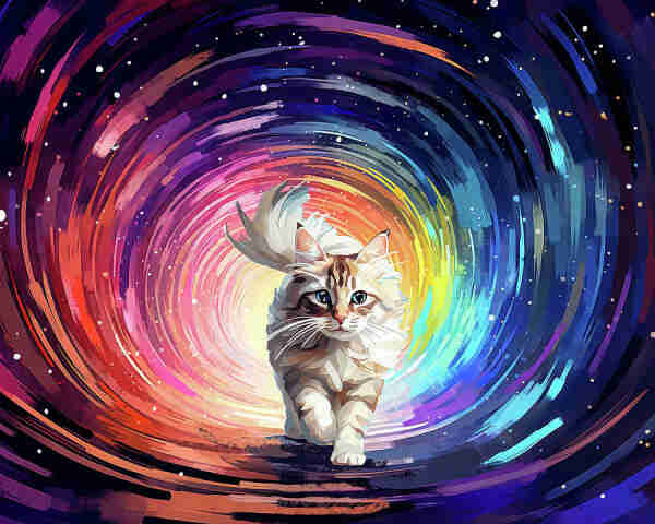 Artwork of a light brown coloured fury cat  walking through a tunnel of some sort that is coloured in various bright colours. 