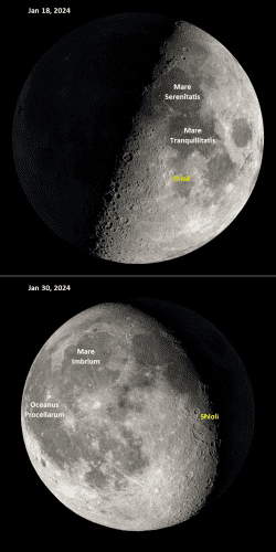 Two pics of moon with location of SLIM landing area and moon phase on Jan 18 and Jan 30.