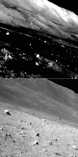 1. Image taken by SLIM just before sunset. The surface is dark, while the tops of the rocks and the hills in the background are white.
2. Image of the same scene taken on Jan 19.