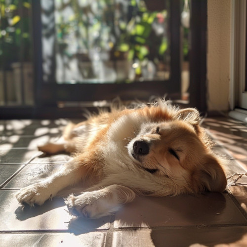 A dog with a fluffy coat, laying down and basking in sunlight on a tiled floor. The dog appears relaxed and content, with its eyes closed and a slight smile on its face. In the background, there are blurred plants and a glass door, creating a cozy indoor setting. The sunlight casts soft shadows on the floor and the dog, enhancing the warm and peaceful atmosphere.