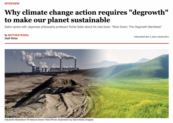 Screenshot from heading of linked article. Title reads: Why climate change action requires degrowth to make our planet sustainable.