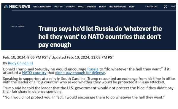 Calling for Russia to invade NATO countries.
Trump says he would encourage Russia to attack #NATO allies: I said I would not protect our NATO allies. In fact, I would encourage Russia to do whatever the hell they want.