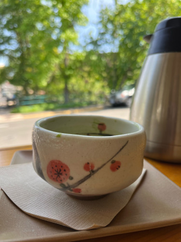 Matcha cup painted with berries against a out of focus outdoors view of greenery across a street
