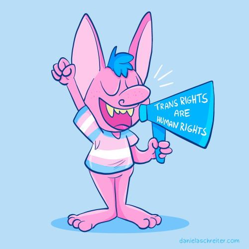 Comic Illustration: ein pinker Goblin mit großen Ohren hält ein Megaphon in der Hand. Er trägt ein Shirt mit den Trans Pride Farben und hebt die Faust in die Luft und ruft dabei ins Megaphon. Auf dem Megaphon selbst steht: „Trans right are human rights“ 