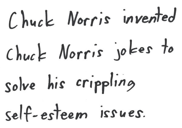 Chuck Norris invented Chuck Norris jokes to solve his crippling self-esteem issues.