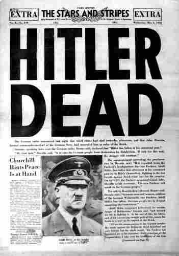Front page of the US Armed Forces newspaper Stars and Stripes on 2 May 1945. Reads: Hitler Dead, with a photo of him in a military cap. By US Army - Stars and Stripes, the official US Army magazine., Public Domain, https://commons.wikimedia.org/w/index.php?curid=65960