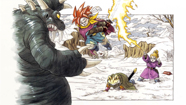 A scene from Chrono Trigger illustrated by Akira Toriyama it is three of the main Characters in the snow fighting 