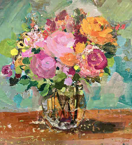  Painterly abstract floral in a glass vase. There are three rose shapes and a lot of painterly brushstrokes. It is very loose and has a lot of pink and green with yellow accents. 