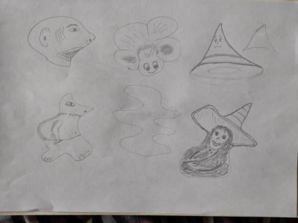 Top left to right: somewhat of a shark face, a flowery thing, 5 petals, and a happy face at the bottom, and a triangle which has to become a hat. Bottom left to right: another sharky face, hands in pocket, walking off, 1 that didn't come out, and a witch with a huge hat, she's wrapped in a black shawl.