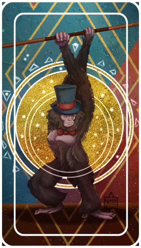 a tarot card showing a gibbon wearing a tophat