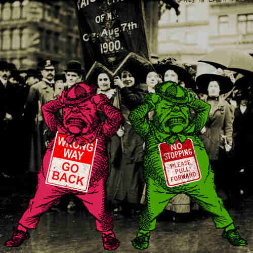 A group of women's May Day marchers from the 1900 May Day labor march, dressed in period costume. In the foreground are two horizontally flipped images of a furious, hair-pulling Tweedledum as depicted by Tenniel. The left one is colored red and wears a sign that reads WRONG WAY GO BACK. The right one is colored green and wears a sign that reads NO STOPPING PLEASE PULL FORWARD.