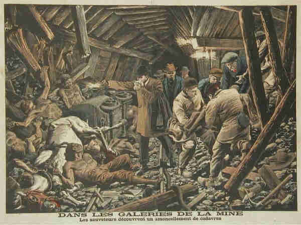 Image of the mining disaster, underground, showing collapsed posts and supports, and human and mule corpses littering the ground.