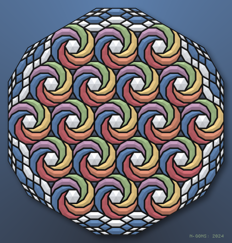 Abstract mathematical art. Tiling with crescents in rainbow colours.