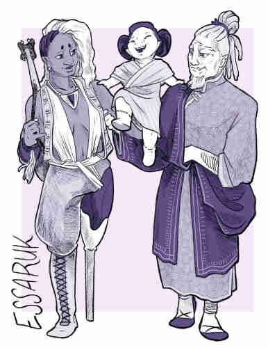 An illustration of three essaruks, one of the twelve worldborn lineages of CORE20: To left stands a young dark-skinned bard with long white hair and visible lower eyeteeth, wearing a loose top and baggy pants, with one leg prosthesis and a lute slung over their shoulder. To right stands an older light-skinned scholar wearing loose robes, their gray hair plaited in long knots and tied up. Between the two, their arms hold up a young child wearing a loose sarong and laughing.
