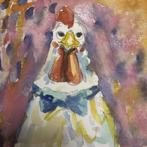Rooster in a blue bow tie. 