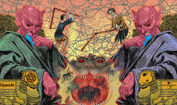A pair of bethroned demons, identical save for different colored robes, face each other. The left demon's throne arm is emblazoned with the OpenAI logo. The right demon's throne bears the Universal Music Group logo. The two thrones are joined by a hellmouth - an anthropomorphic nightmare maw. The eyes of the demons and the hellmouth have been replaced with the glaring red machine-eye of HAL9000 from Kubrick's '2001: A Space Odyssey.' Between the demons toil two medieval serfs, bearing threshing implements.


Image:
Cryteria (modified)
https://commons.wikimedia.org/wiki/File:HAL9000.svg

CC BY 3.0
https://creativecommons.org/licenses/by/3.0/deed.en

