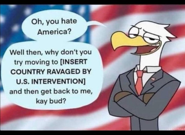 Still image. Blurry american flag background with a cartoon eagle in a suit with a smirk, speech bubble reads:
Oh, you hate America?
Well then, why don't you try moving to [INSERT COUNTRY RAVAGED BY U.S. INTERVENTION] and then get back to me, kay bud?