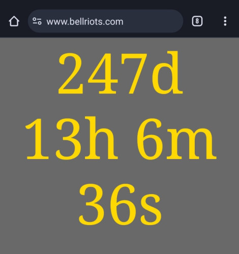 A screenshot of the website www.bellriots.com all there is, is a countdown. At time of screenshot it read in large yellow text "247d 13h 6m 36s"
