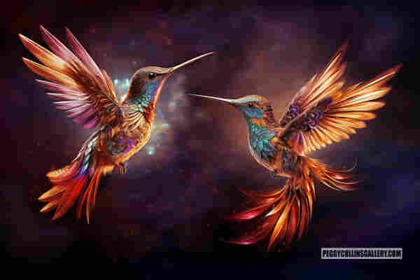 Artwork of two fantasy flirty hummingbirds in flight, by artist Peggy Collins.