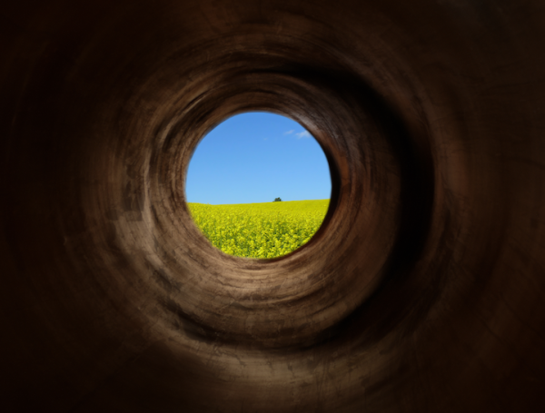 A picture of a long, circular and dark tunnel whose open circular end reveals a bright green pasture under a clear blue sky.