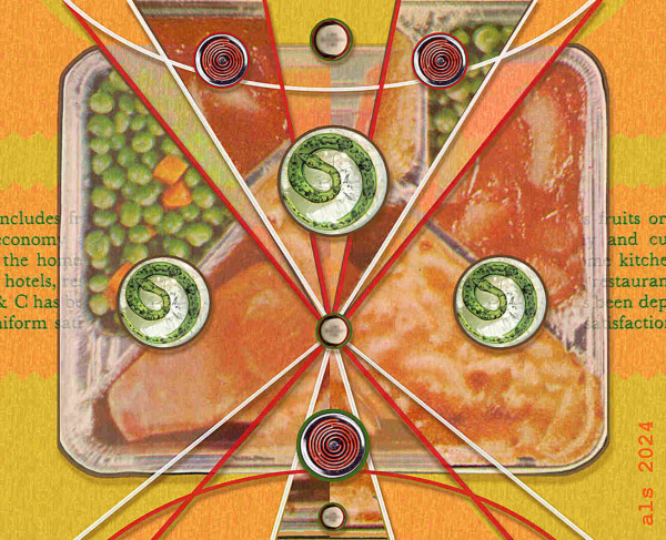 Horizontal rectangular canvas in toothy wide horizontal bands of orange and yellow, with a bit of green ad copy at the center. A large head made from two halves of different 1970s TV dinners are stuck together and overlaid with a triangular and arced set of lines like an hourglass. Some pieces of the dinners are cut and inlaid into this. Three copies each of tiny brown jar lids, red coils from a stove, and an old round glass paperweight with a white base and a coiled green snake inside. They are arranged over the dinner to suggest one or more big-eyed cartoon faces.