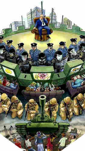 Cartoon drawing shows an older white male dressed in a business suit, presumably a corporate oligarch, sitting in a plush chair and speaking on a phone, giving out orders. Surrounding the man, in a schematic depiction, is a line of police in blue uniforms, and in front of them are paramilitary police in riot gear carrying automatic weapons. Next come the average citizens of modern society, seated on sofas watching TV. Behind them is a line of kneeling soldiers, dressed in desert combat gear, facing out toward the rest of the world -- showing poor people of color who are forced to salute an Army tank. We see that their oil is being taken away for use in the rich world.