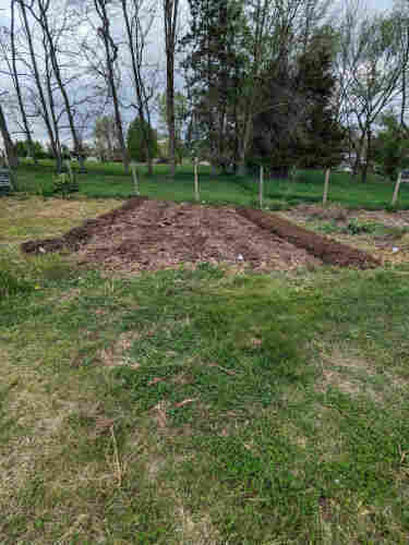 View of a vegetable garden bed, approximately 400 square feet (37 square meters) in side. There are trees and a mowed lawn behind the bed. 